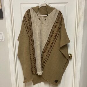Beige Hooded Poncho with Tribal Pattern
